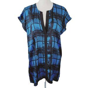 Joy Joy Sz Med Women's Oversized Tunic Blouse Shiny Blue & Black Cap Sleeve VGC